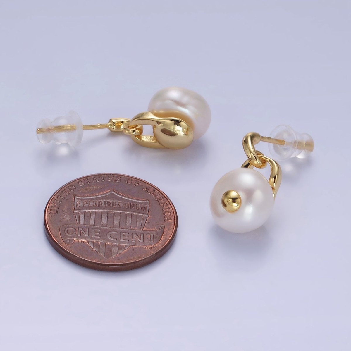 14K Gold Filled Pearl Button Padlock Stud Drop Earrings | V521