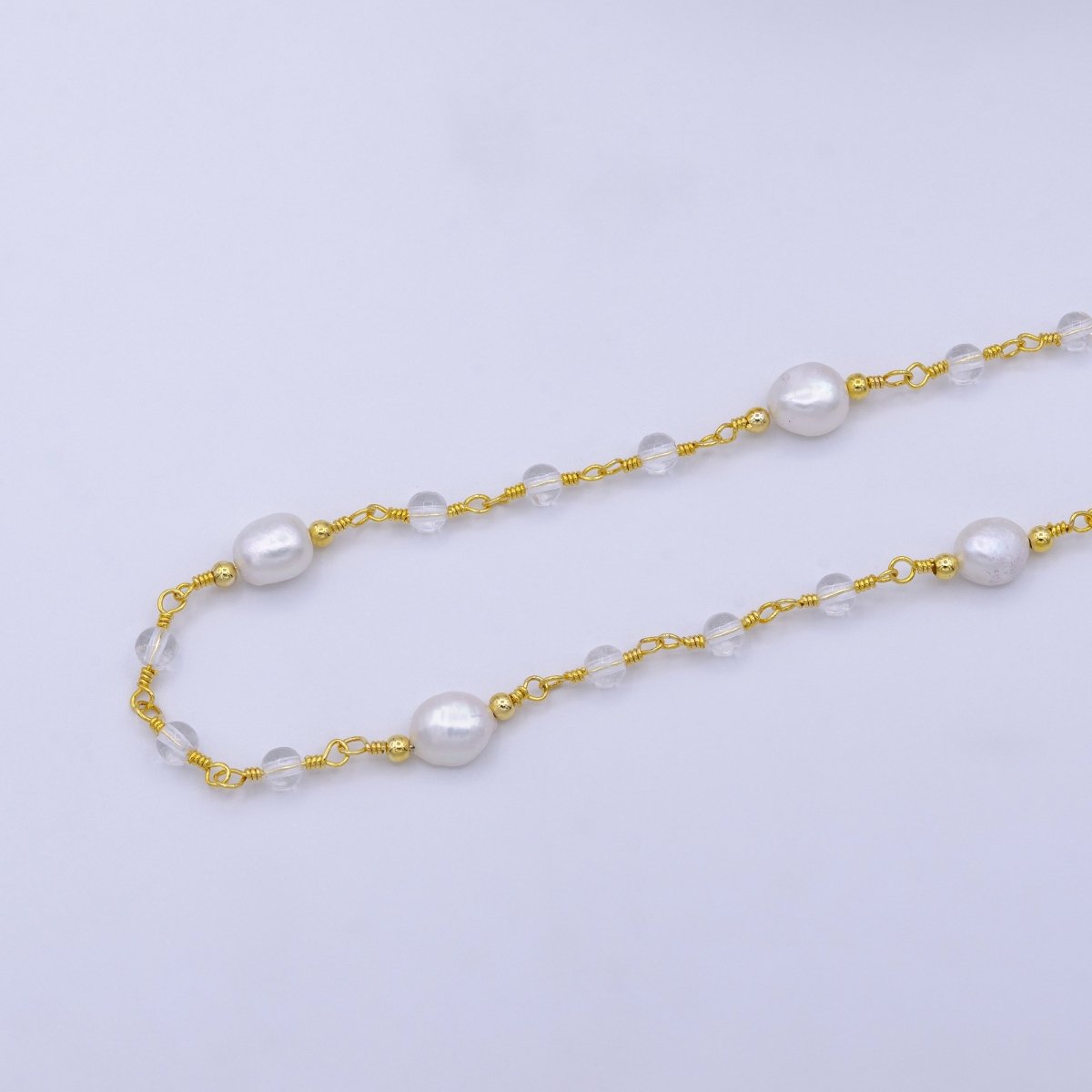 14K Gold Filled Pearl Chain, White Freshwater Pearl Rosary Chain, Bulk Chain Clear Quartz Beads Beaded Unfinished Chain by Yard | ROLL-1214 Clearance Pricing