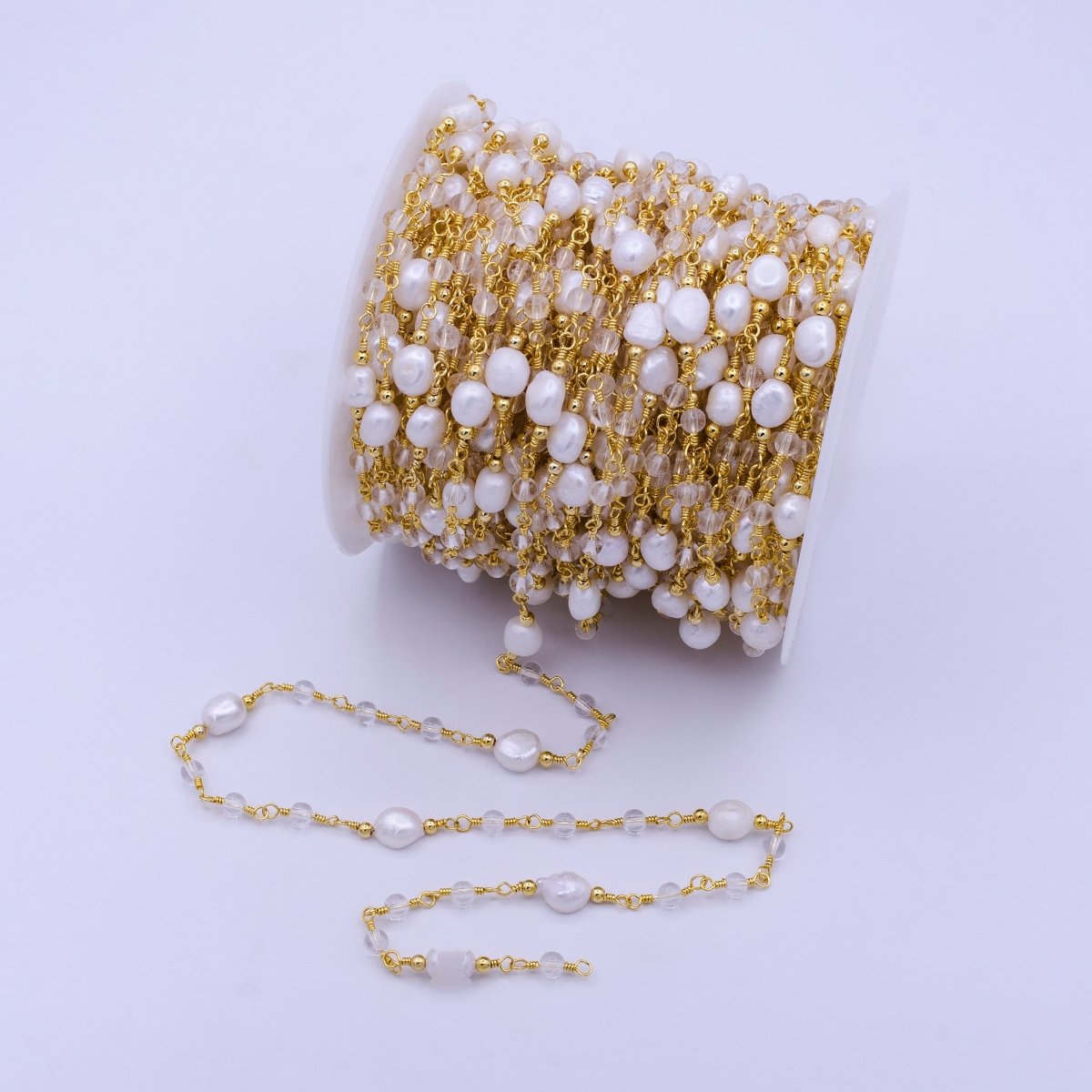14K Gold Filled Pearl Chain, White Freshwater Pearl Rosary Chain, Bulk Chain Clear Quartz Beads Beaded Unfinished Chain by Yard | ROLL-1214 Clearance Pricing