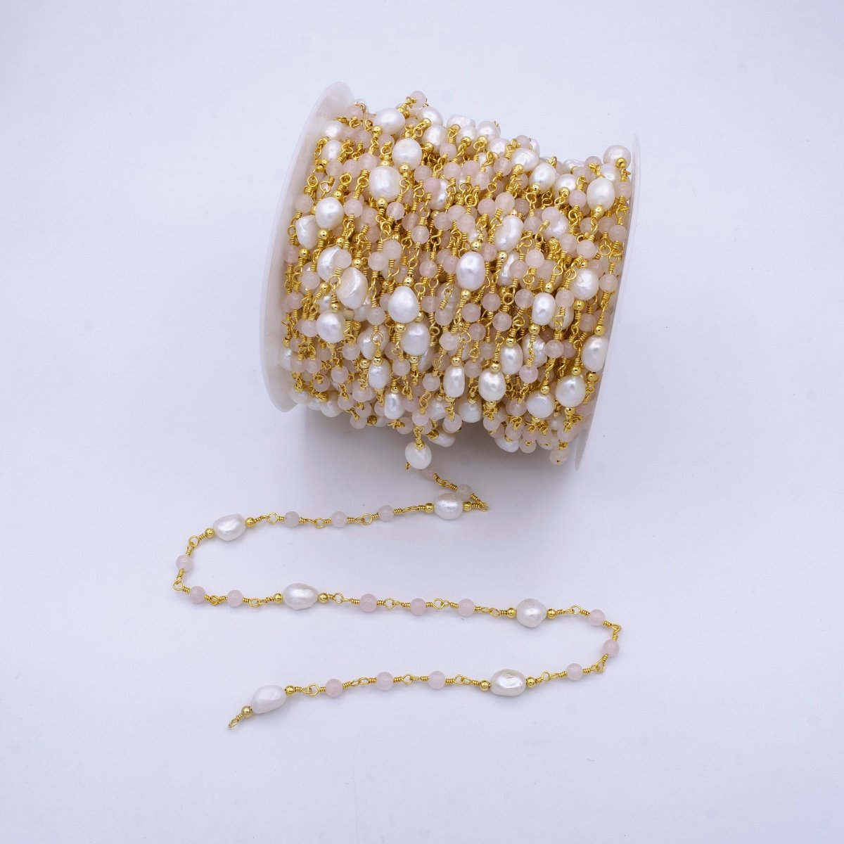 14K Gold Filled Pearl Chain, White Freshwater Pearl Rosary Chain, Bulk Chain Rose Quartz Beads Beaded Unfinished Chain by Yard | ROLL-1213