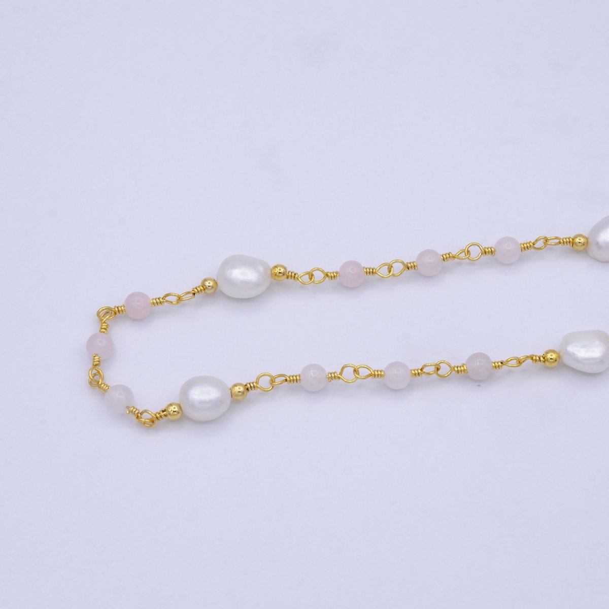 14K Gold Filled Pearl Chain, White Freshwater Pearl Rosary Chain, Bulk Chain Rose Quartz Beads Beaded Unfinished Chain by Yard | ROLL-1213