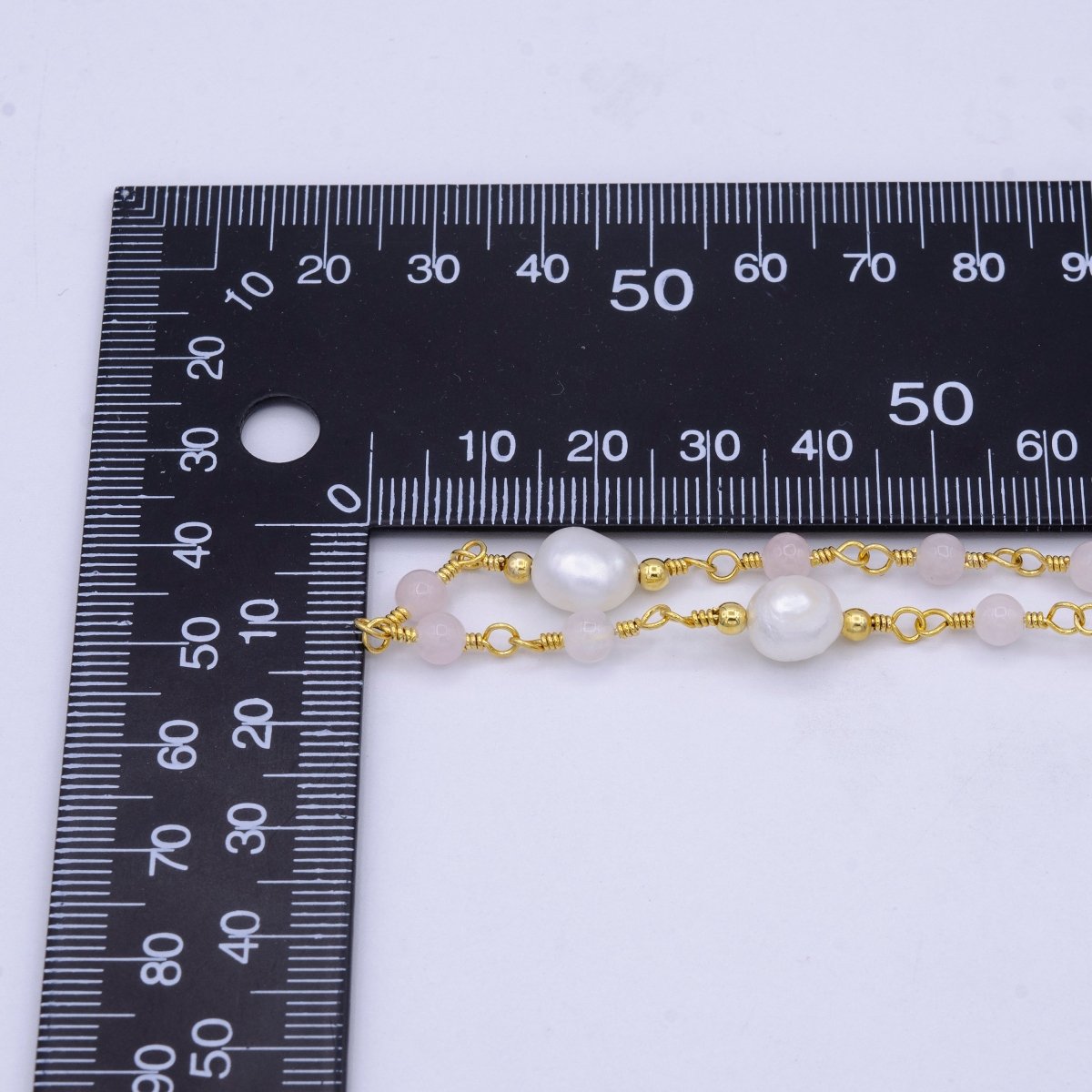 14K Gold Filled Pearl Chain, White Freshwater Pearl Rosary Chain, Bulk Chain Rose Quartz Beads Beaded Unfinished Chain by Yard | ROLL-1213