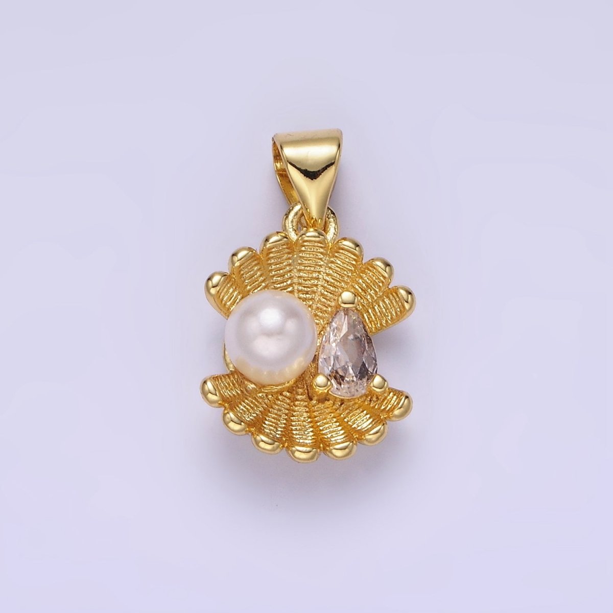 14K Gold Filled Pearl Clear CZ Teardrop Line-Textured Clam Sea Shell Pendant | AA1147