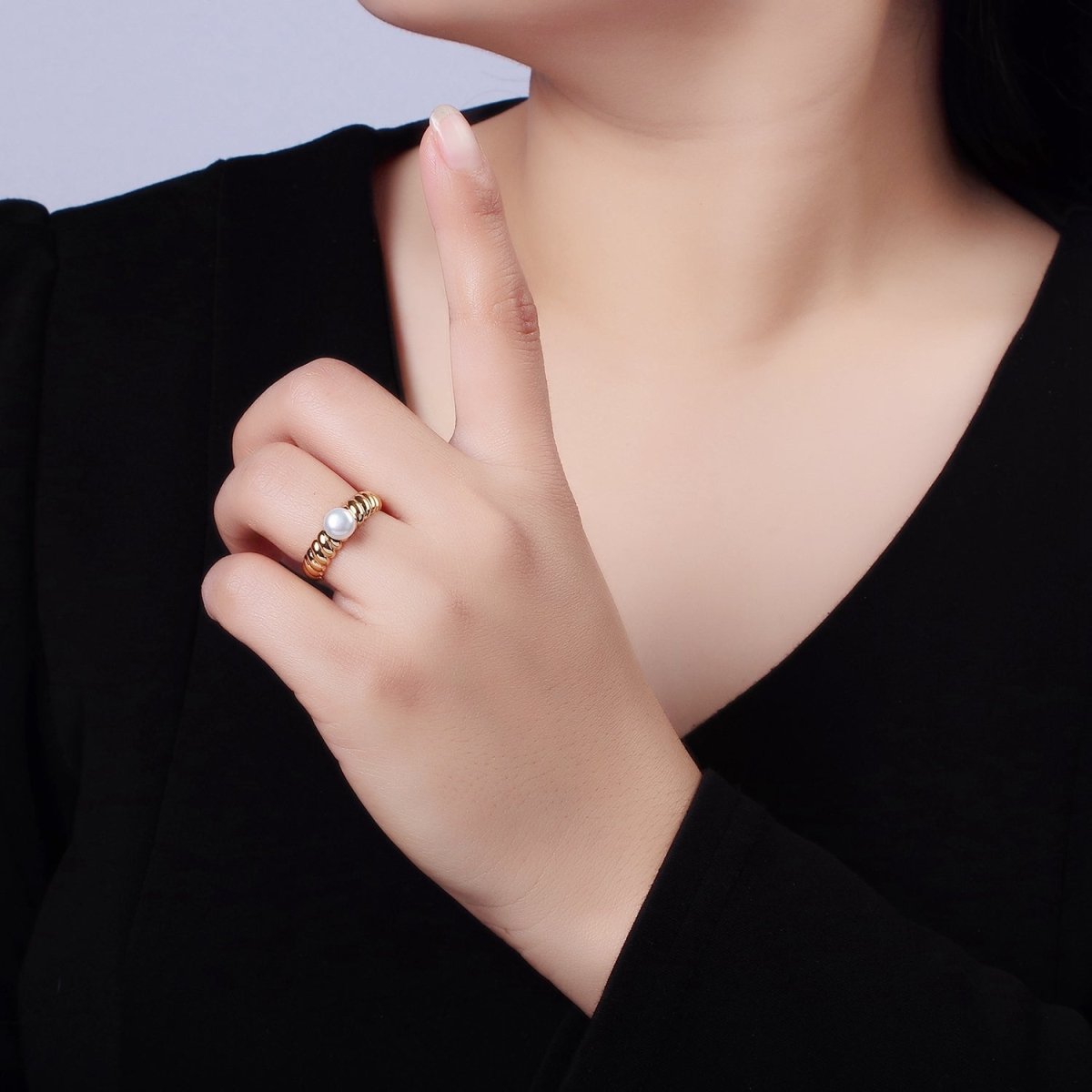 14K Gold Filled Pearl Croissant Solitaire Ring | O1313