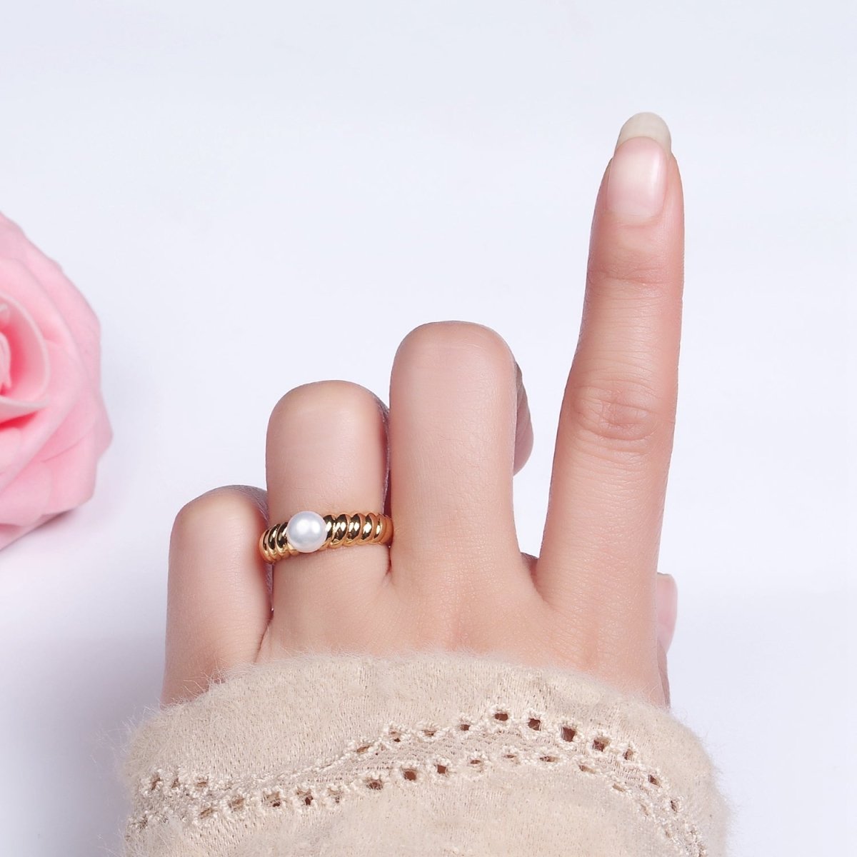 14K Gold Filled Pearl Croissant Solitaire Ring | O1313