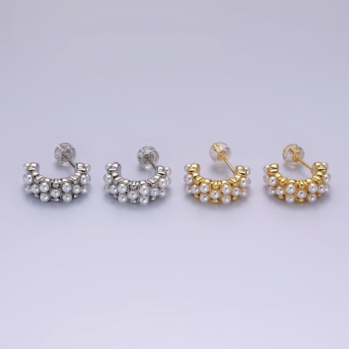 14K Gold Filled Pearl Dotted Wide C-Shaped Hoop Earrings in Gold & Silver | AE943 AE944