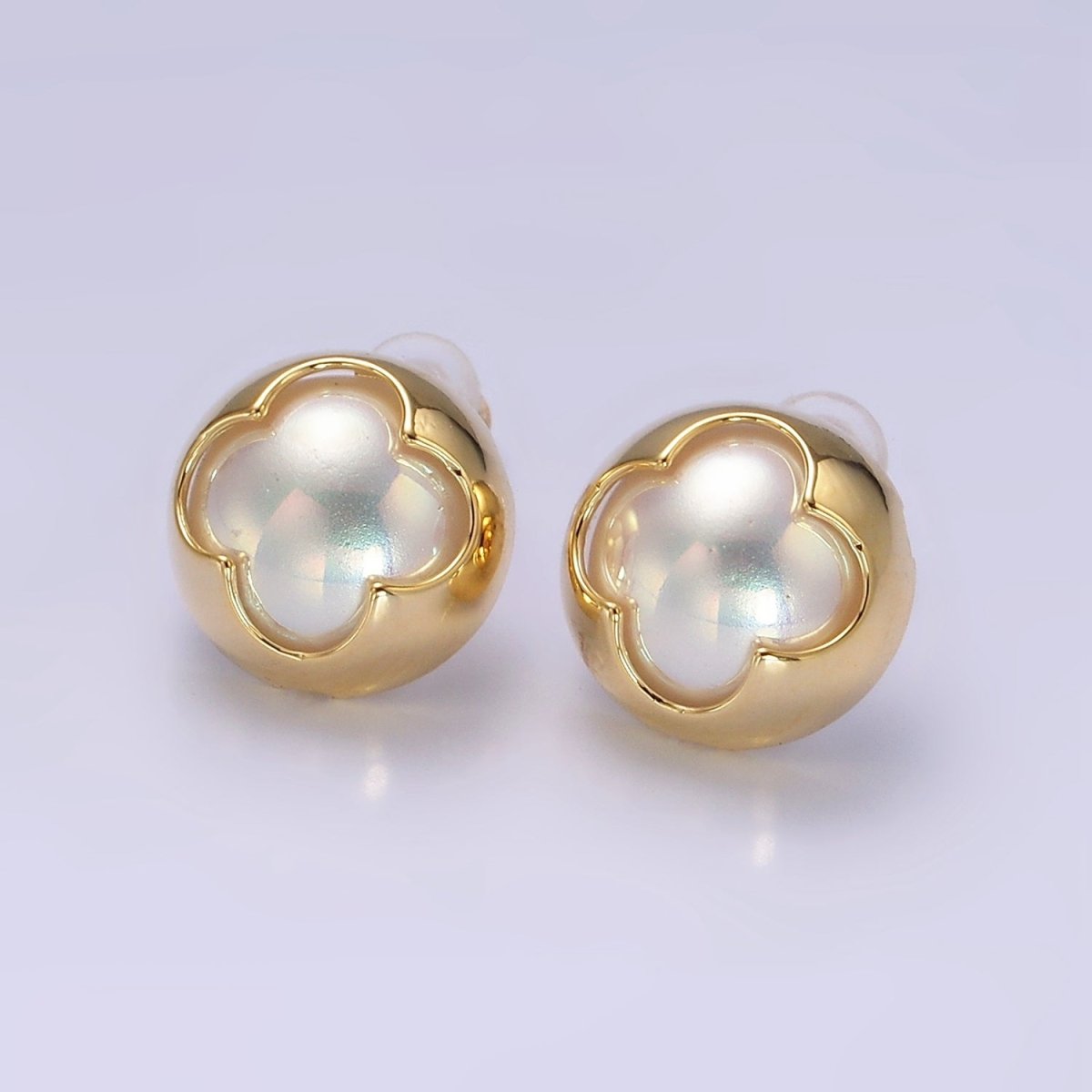 14K Gold Filled Pearl Iridescent Quatrefoil Bezel Round Stud Earrings in Gold & Silver | V264