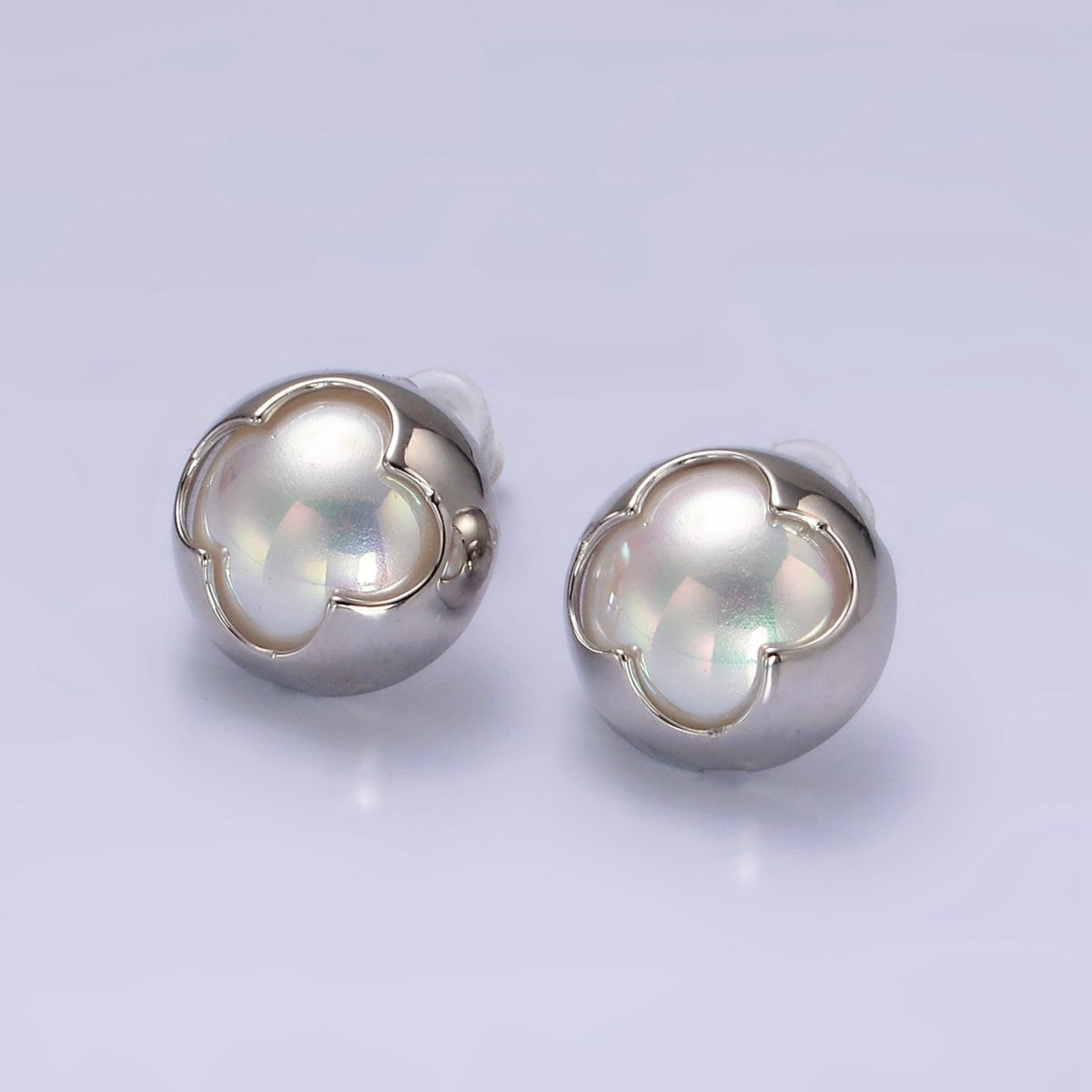 14K Gold Filled Pearl Iridescent Quatrefoil Bezel Round Stud Earrings in Gold & Silver | V264