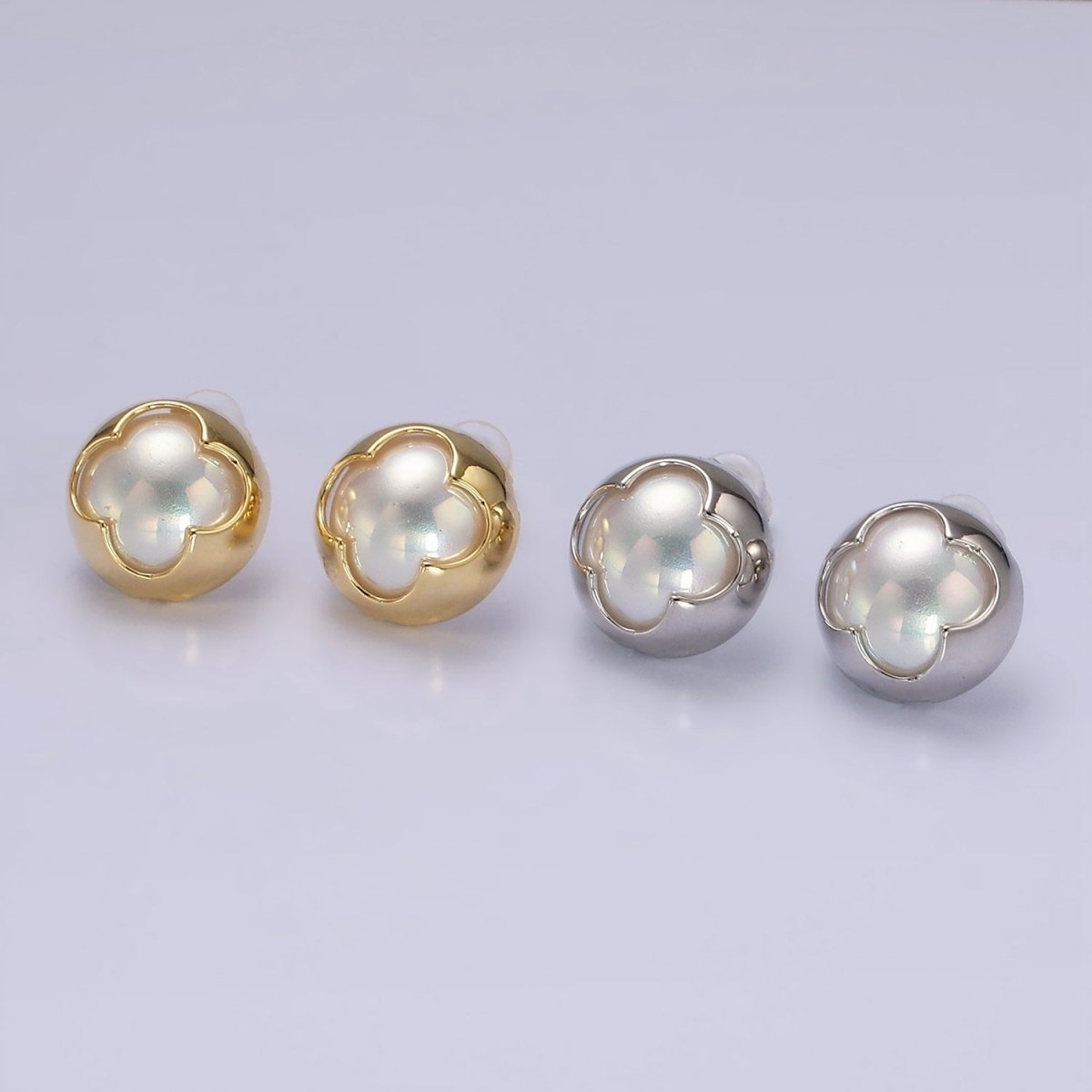 14K Gold Filled Pearl Iridescent Quatrefoil Bezel Round Stud Earrings in Gold & Silver | V264