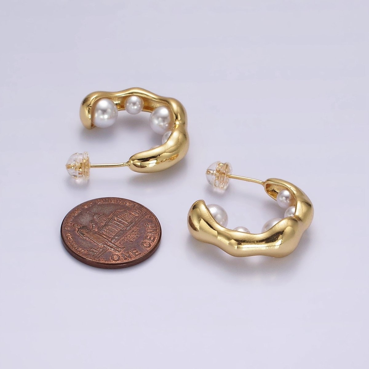 14K Gold Filled Pearl Lined Molten C-Shaped Hoop Earrings in Silver & Gold | AE235 AE236