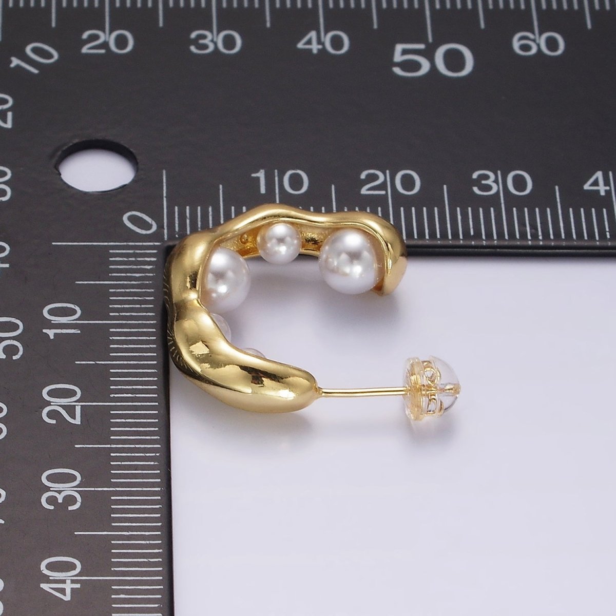 14K Gold Filled Pearl Lined Molten C-Shaped Hoop Earrings in Silver & Gold | AE235 AE236