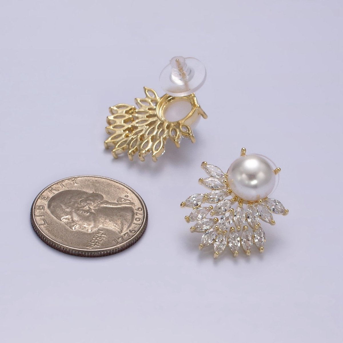 14K Gold Filled Pearl Marquise Double Curved Lined Stud Earrings in Gold & Silver | AE319 AE320