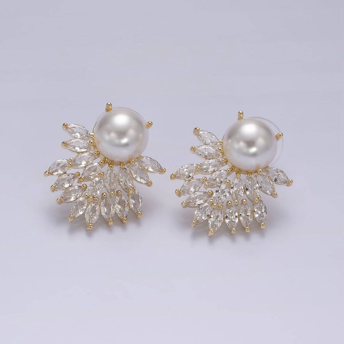 14K Gold Filled Pearl Marquise Double Curved Lined Stud Earrings in Gold & Silver | AE319 AE320