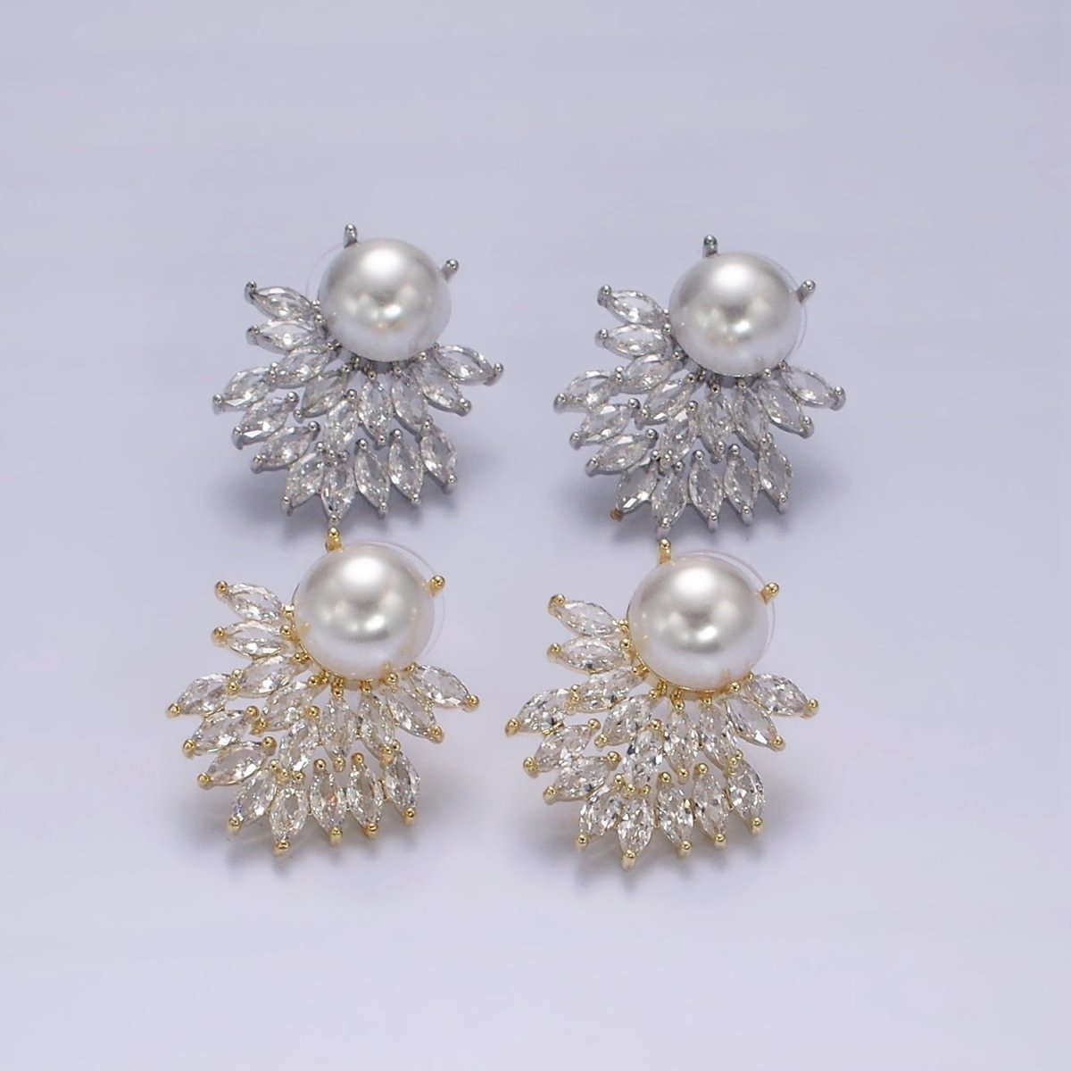 14K Gold Filled Pearl Marquise Double Curved Lined Stud Earrings in Gold & Silver | AE319 AE320
