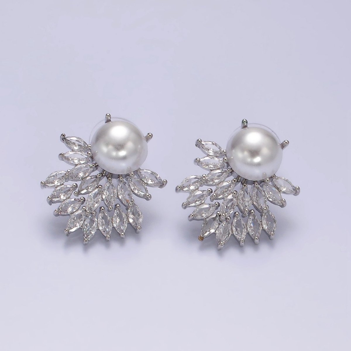 14K Gold Filled Pearl Marquise Double Curved Lined Stud Earrings in Gold & Silver | AE319 AE320