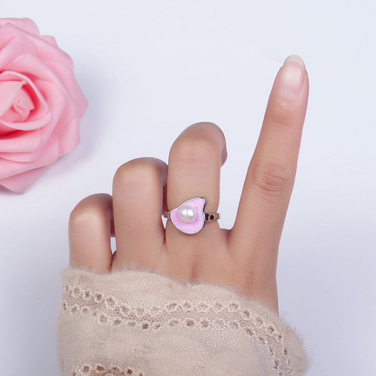14K Gold Filled Pearl Pink Glitter Enamel Abstract Ring in Gold & Silver | O710 O711