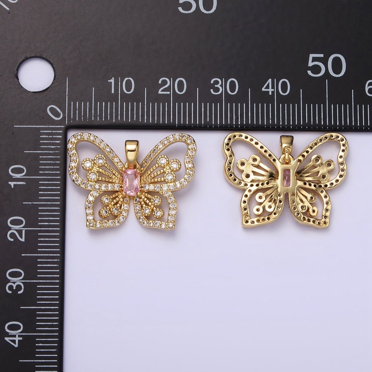 14K Gold Filled Pink Baguette Micro Paved CZ Butterfly Mariposa Open Pendant | AH047