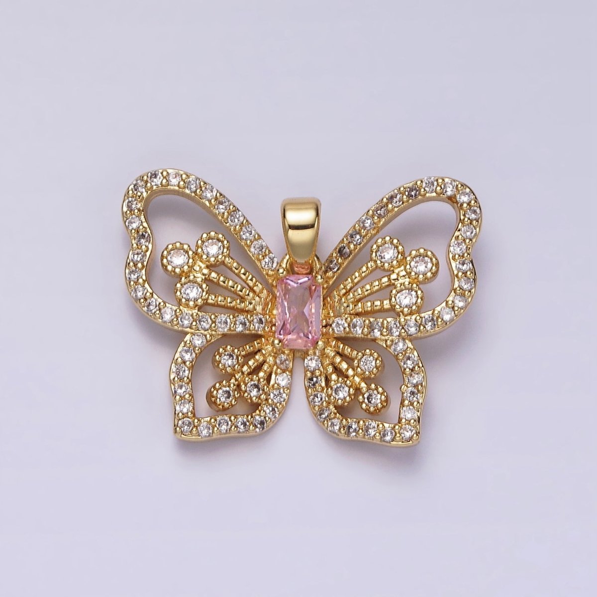 14K Gold Filled Pink Baguette Micro Paved CZ Butterfly Mariposa Open Pendant | AH047