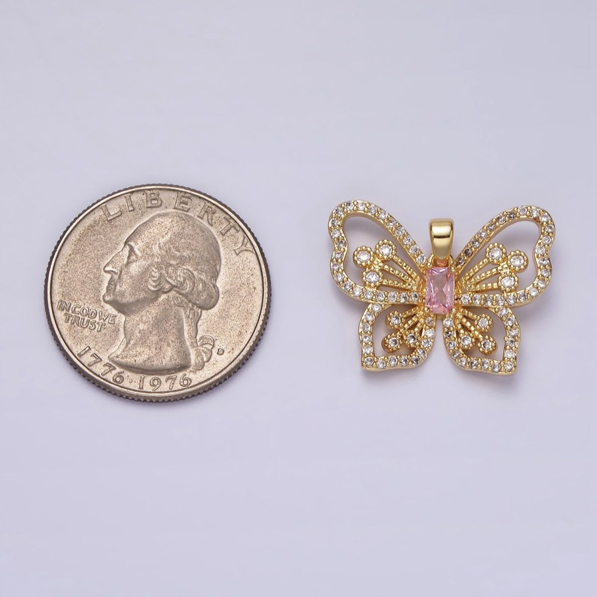 14K Gold Filled Pink Baguette Micro Paved CZ Butterfly Mariposa Open Pendant | AH047