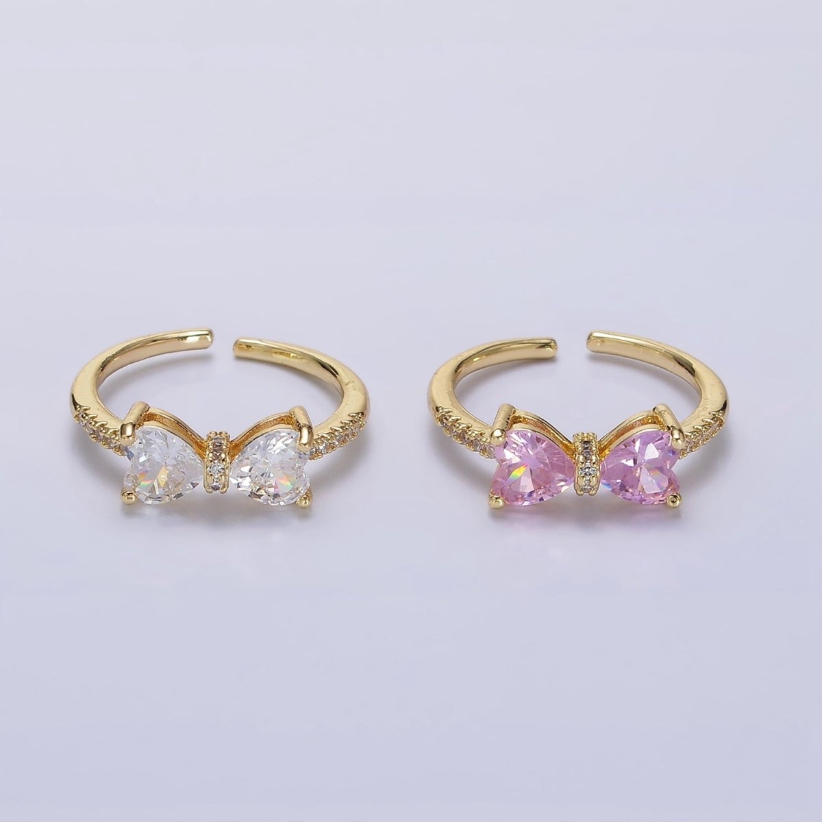 14K Gold Filled Pink, Clear CZ Heart Ribbon Micro Paved Ring | O-637 O-638