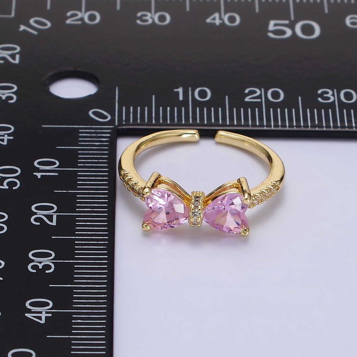 14K Gold Filled Pink, Clear CZ Heart Ribbon Micro Paved Ring | O-637 O-638
