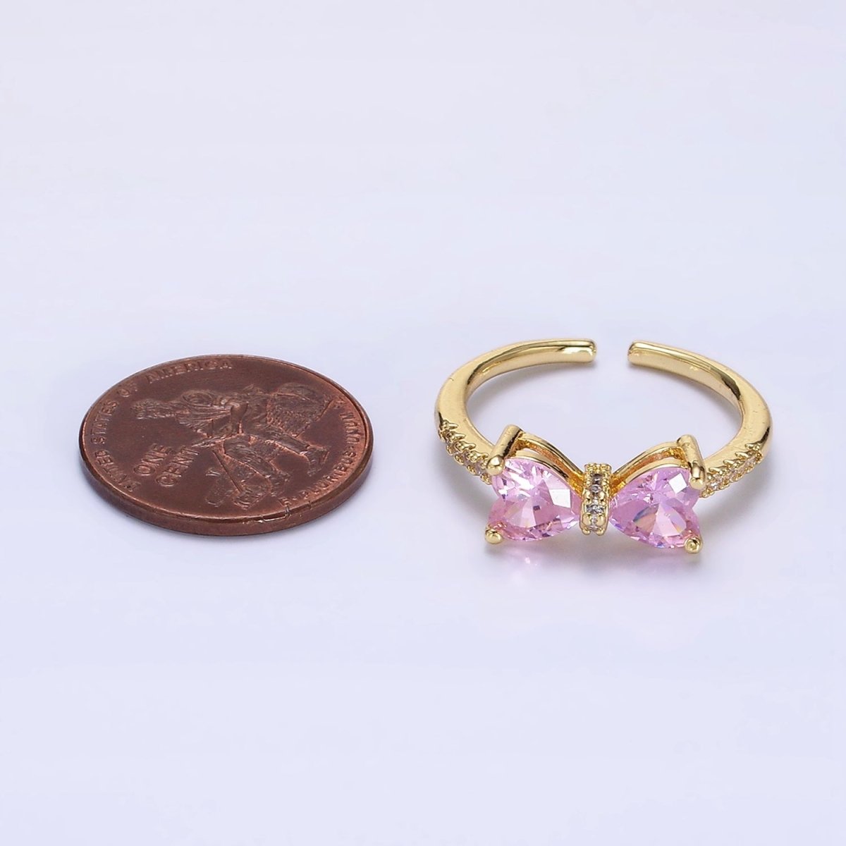 14K Gold Filled Pink, Clear CZ Heart Ribbon Micro Paved Ring | O-637 O-638