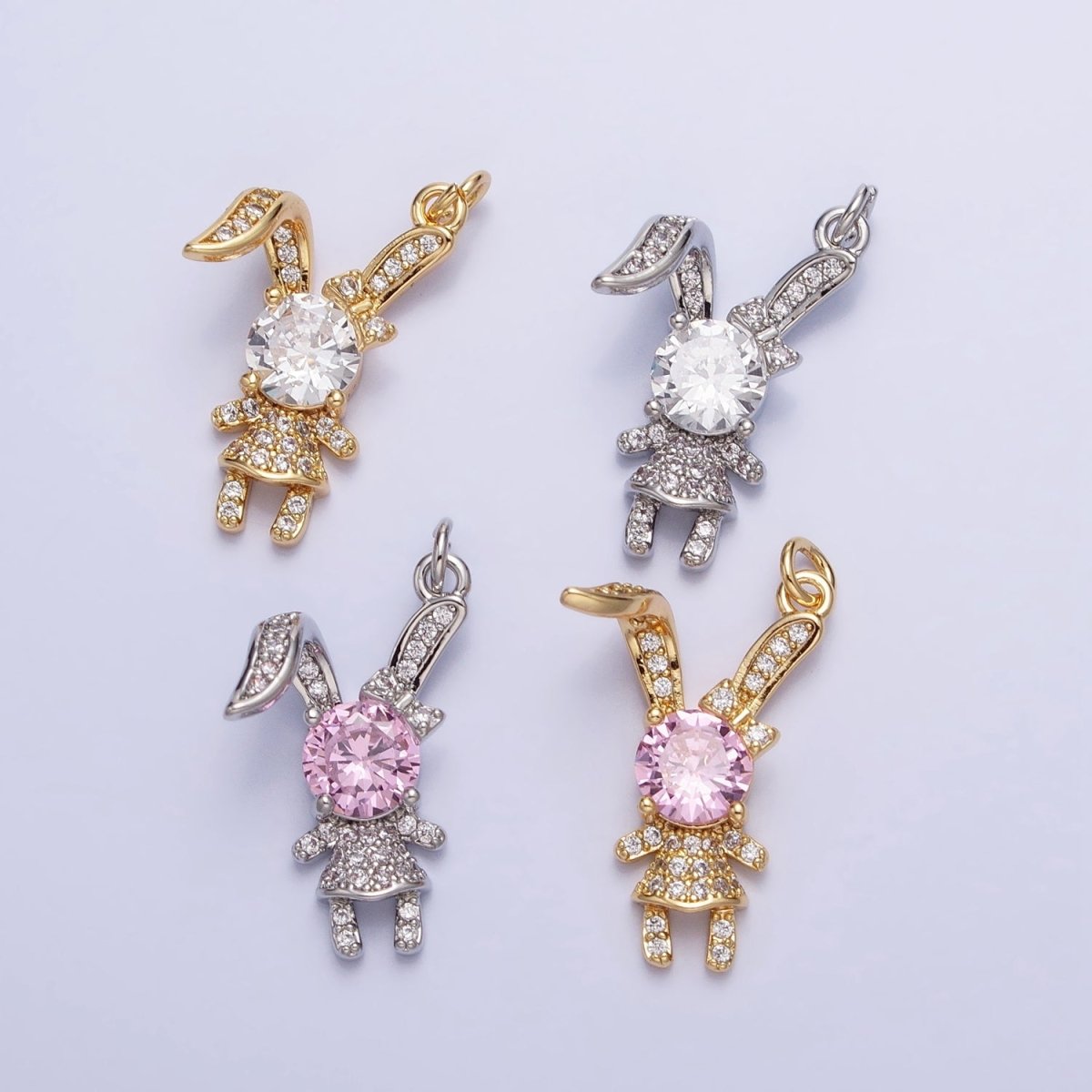 14K Gold Filled Pink, Clear CZ Micro Paved Rabbit Bunny Charm in Silver & Gold | AC398 AC441, E333 E334