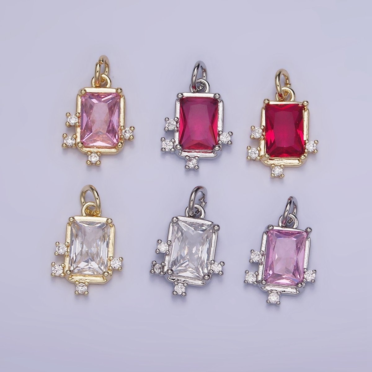 14K Gold Filled Pink, Clear, Fuchsia Baguette CZ Bezel Charm in Gold & Silver | W533 - W535
