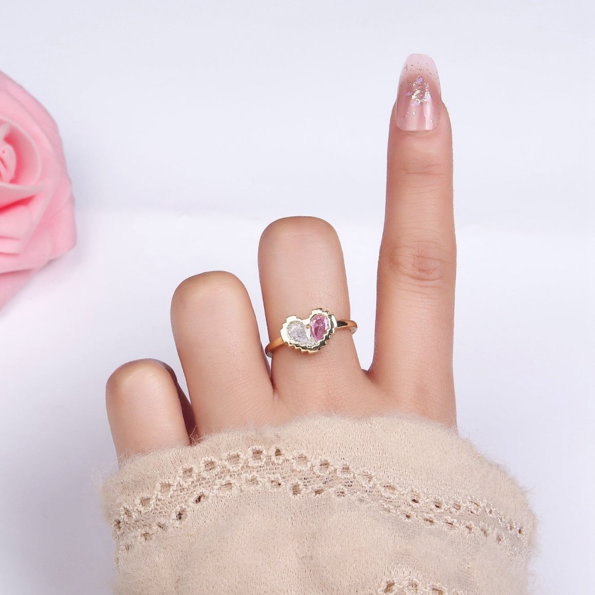 14K Gold Filled Pink Clear Teardrop CZ Heart Pixel Bezel Ring in Gold & Silver | O1331 O1332