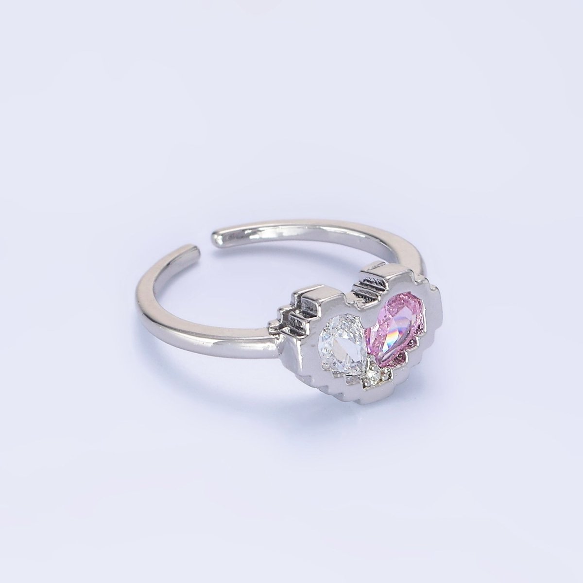 14K Gold Filled Pink Clear Teardrop CZ Heart Pixel Bezel Ring in Gold & Silver | O1331 O1332