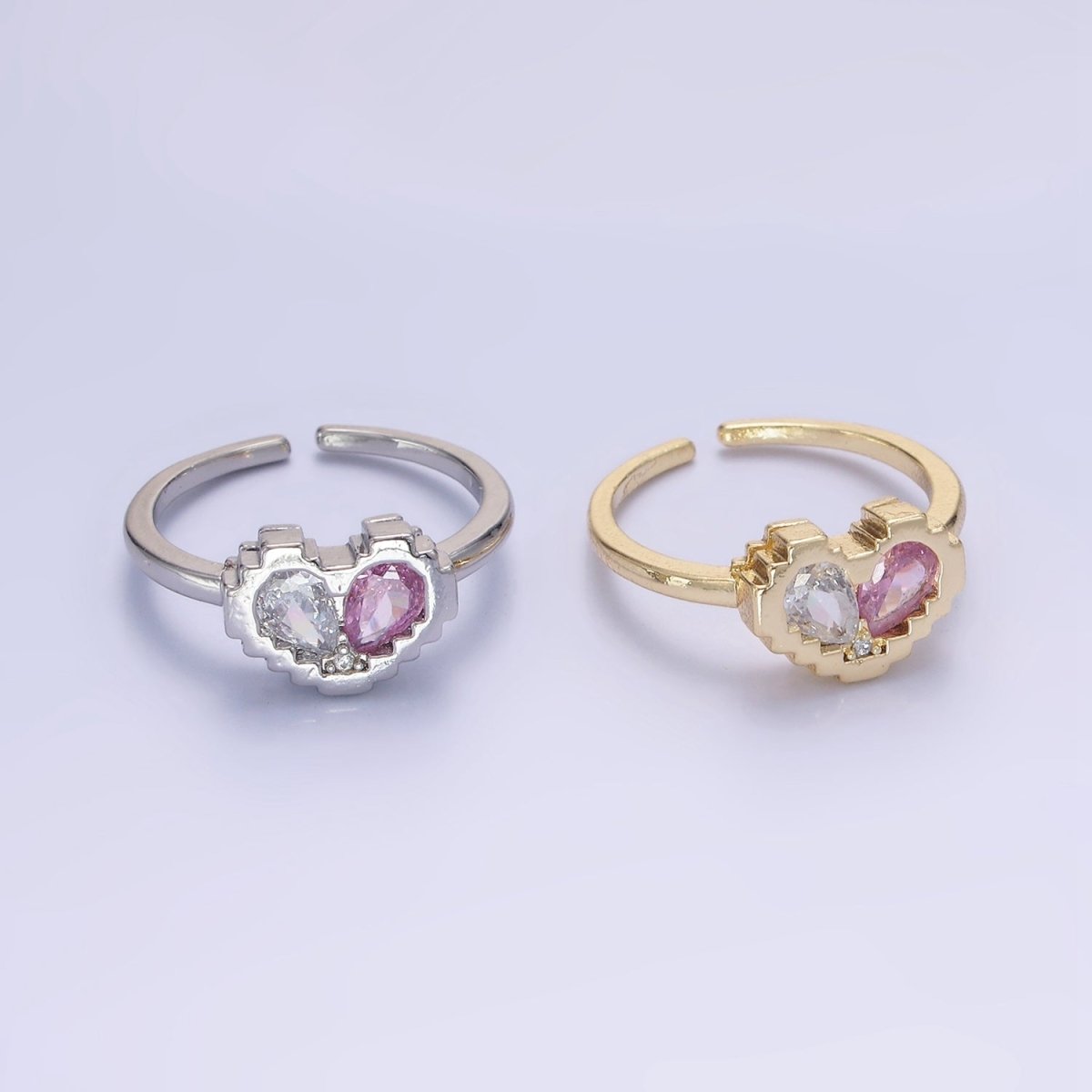 14K Gold Filled Pink Clear Teardrop CZ Heart Pixel Bezel Ring in Gold & Silver | O1331 O1332