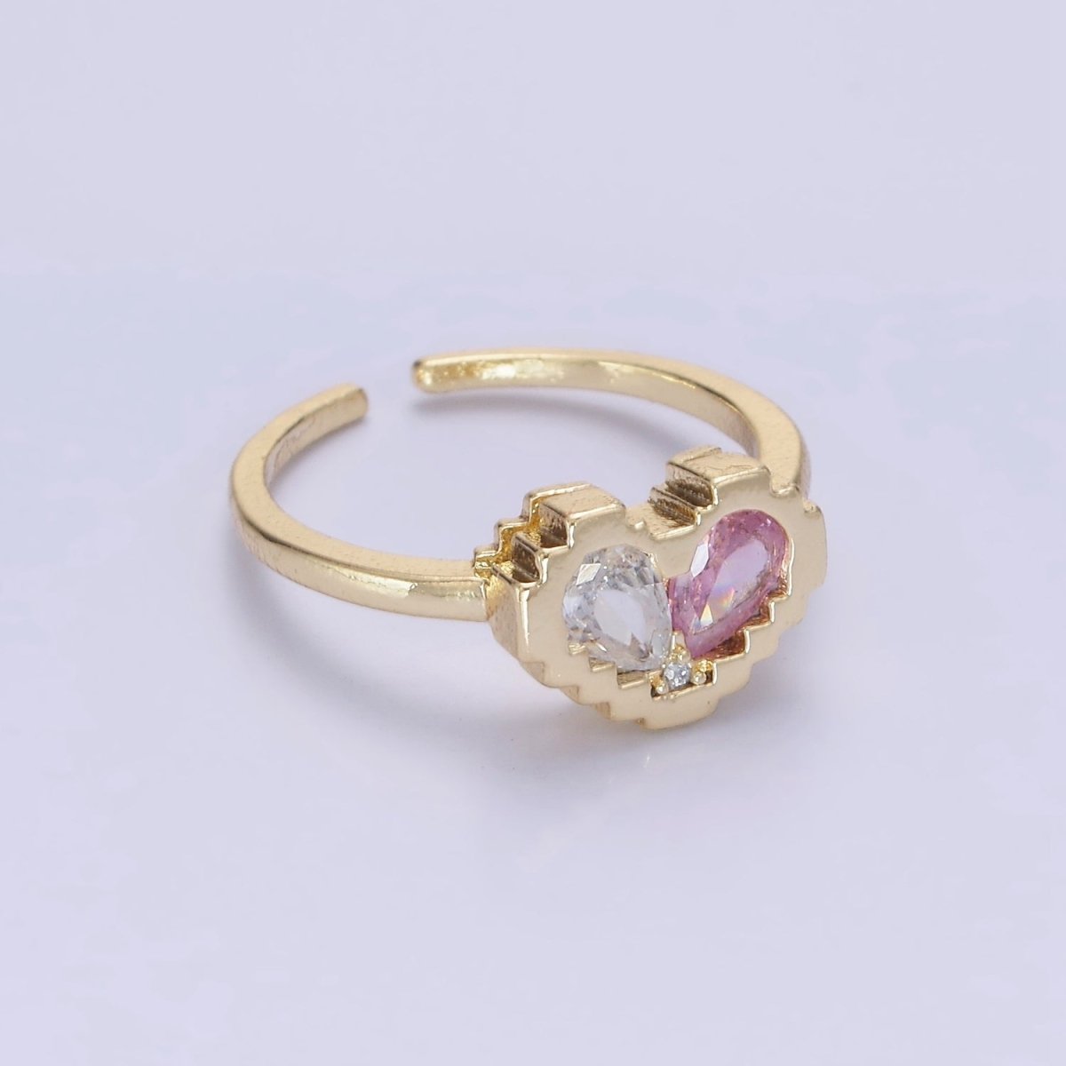 14K Gold Filled Pink Clear Teardrop CZ Heart Pixel Bezel Ring in Gold & Silver | O1331 O1332