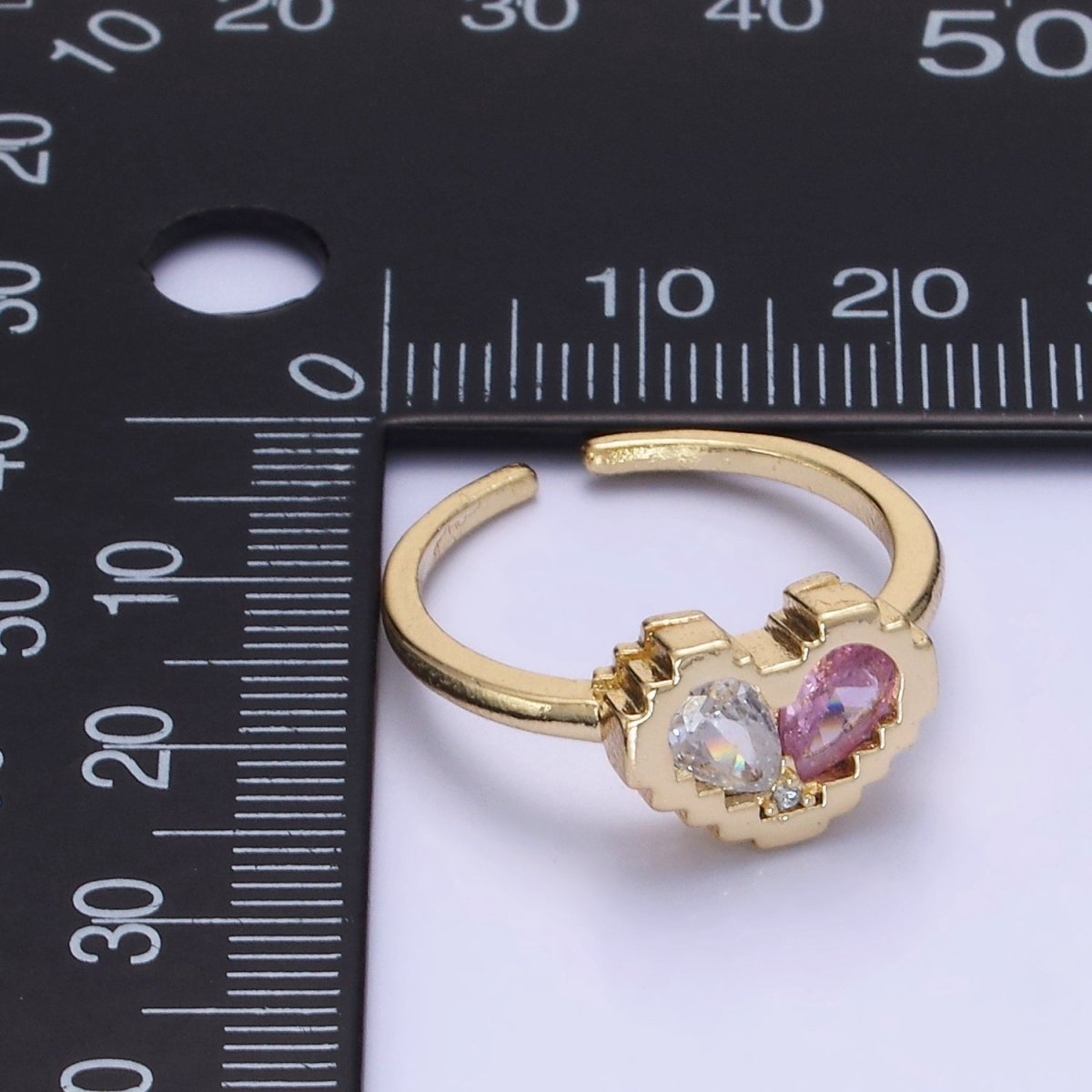 14K Gold Filled Pink Clear Teardrop CZ Heart Pixel Bezel Ring in Gold & Silver | O1331 O1332