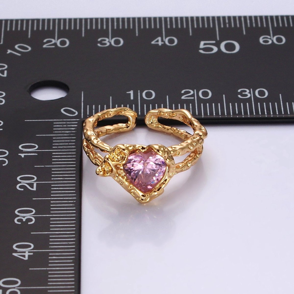 14K Gold Filled Pink CZ Heart Dented Molten Double Band Ring | O1063
