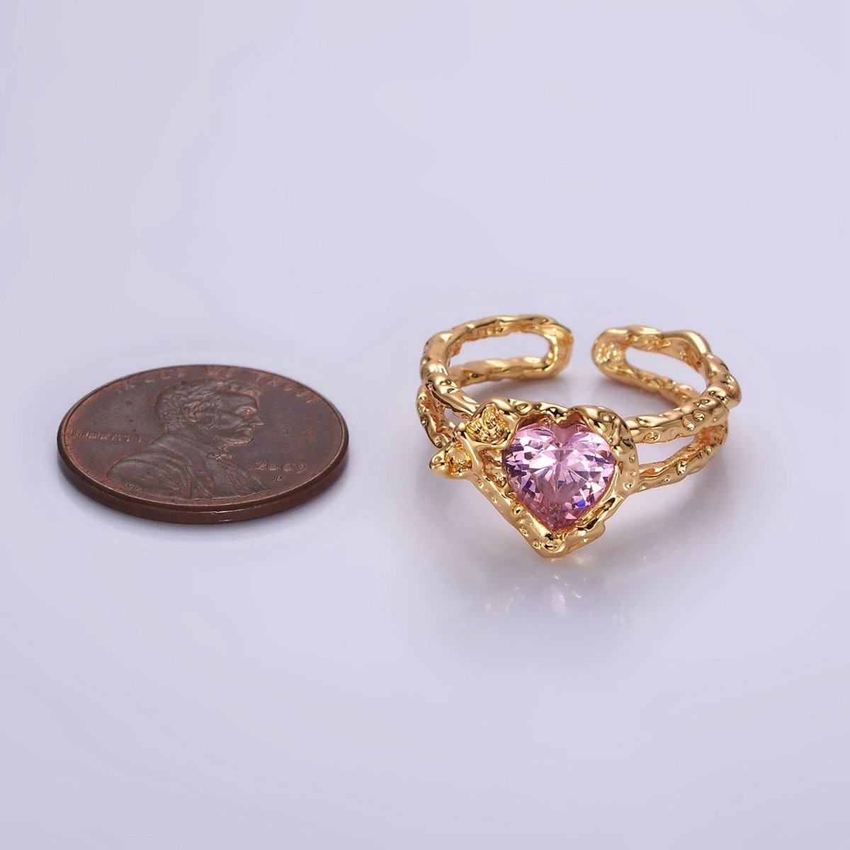 14K Gold Filled Pink CZ Heart Dented Molten Double Band Ring | O1063