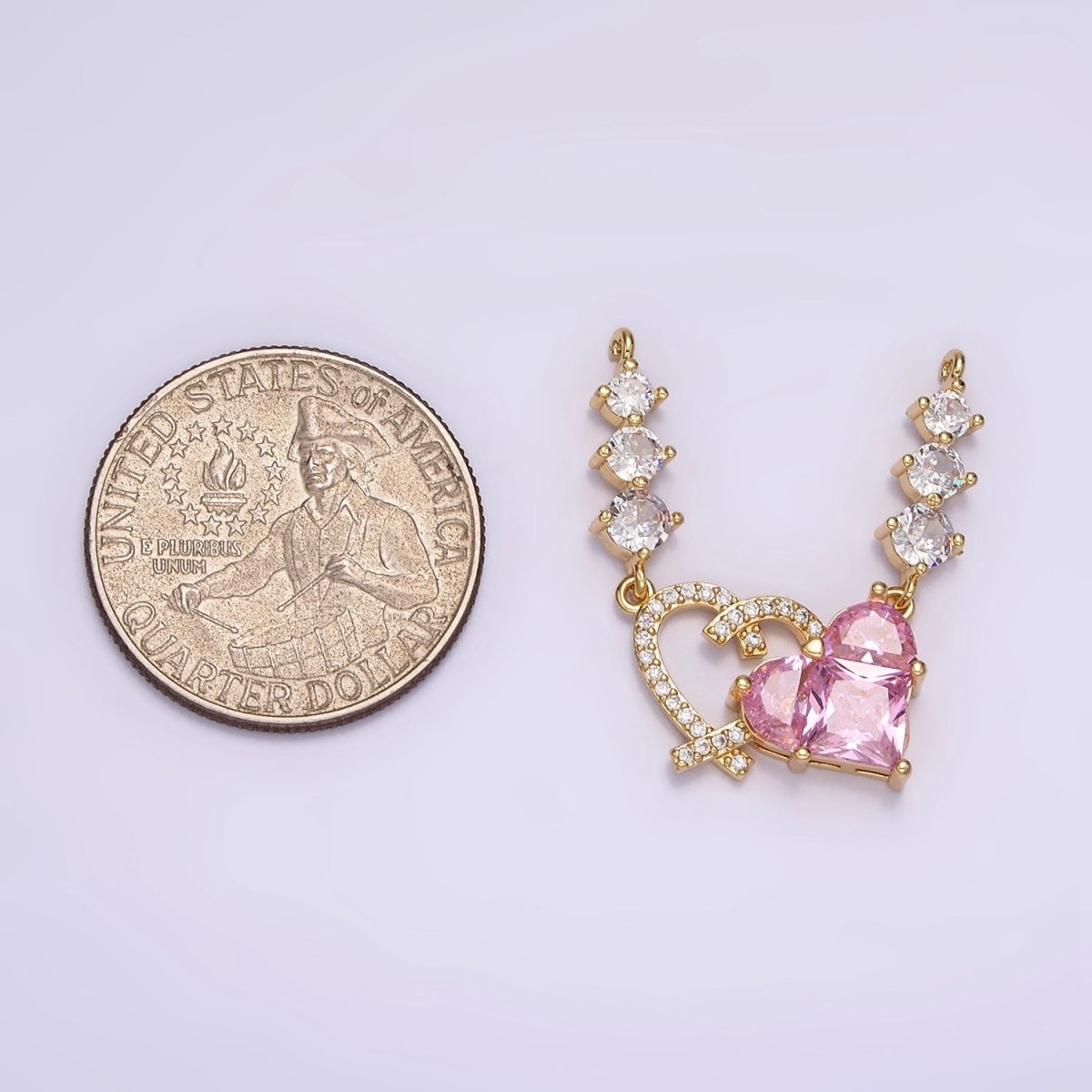 14K Gold Filled Pink CZ Pixelated Micro Paved Open Heart Triple CZ Connector in Gold & Silver | G-082 G-083