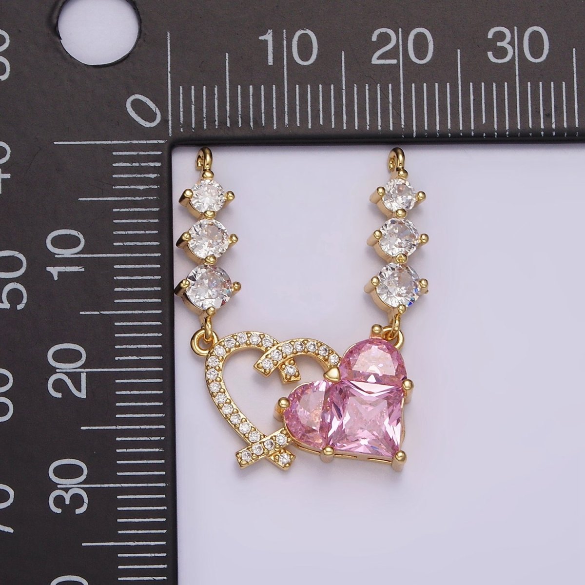 14K Gold Filled Pink CZ Pixelated Micro Paved Open Heart Triple CZ Connector in Gold & Silver | G-082 G-083