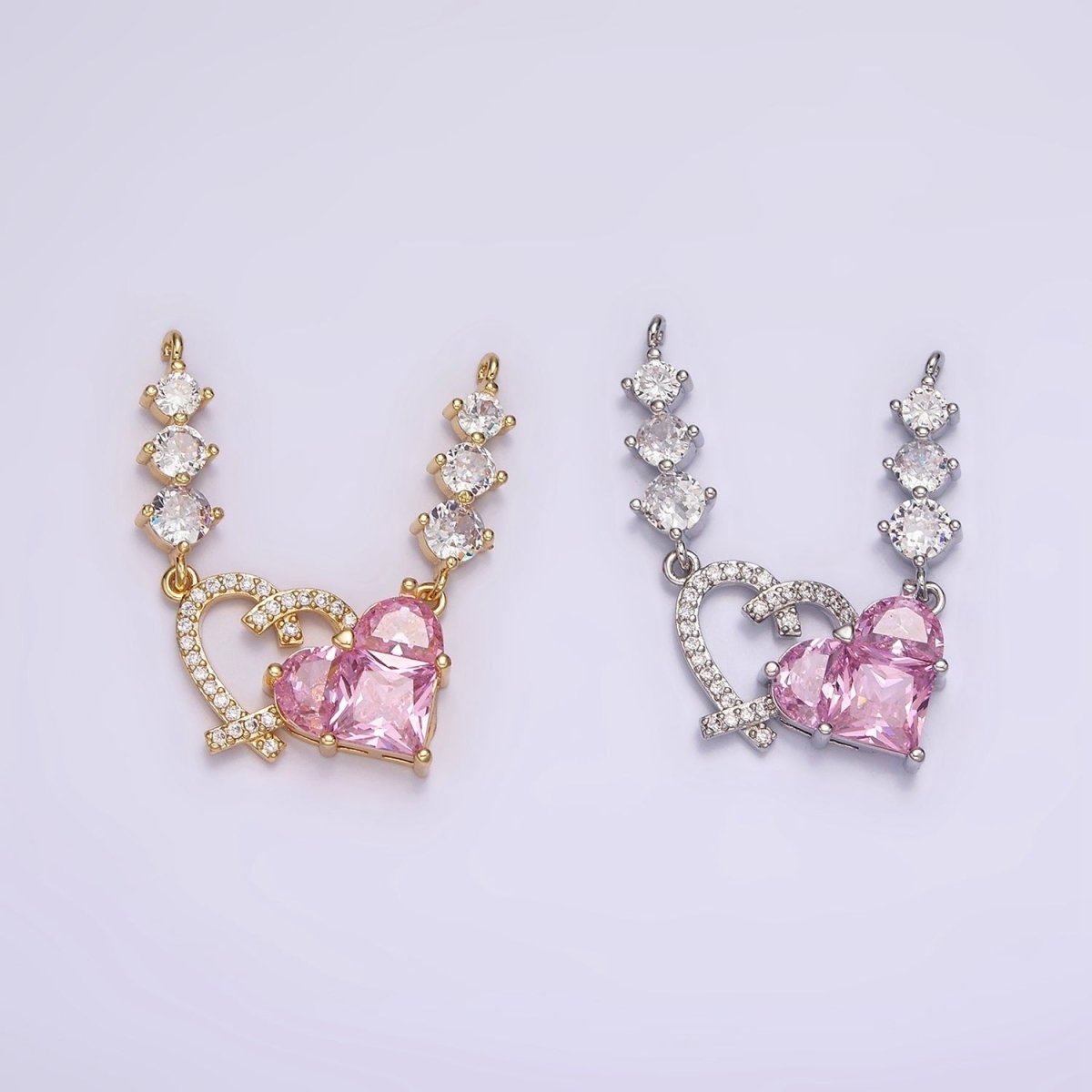 14K Gold Filled Pink CZ Pixelated Micro Paved Open Heart Triple CZ Connector in Gold & Silver | G-082 G-083