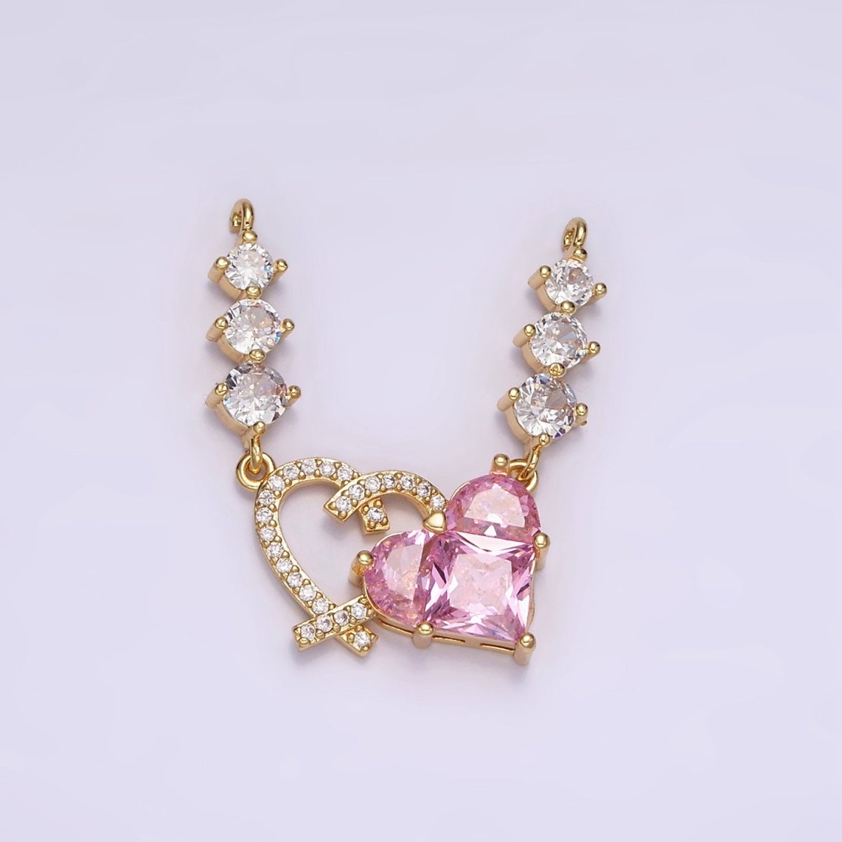 14K Gold Filled Pink CZ Pixelated Micro Paved Open Heart Triple CZ Connector in Gold & Silver | G-082 G-083