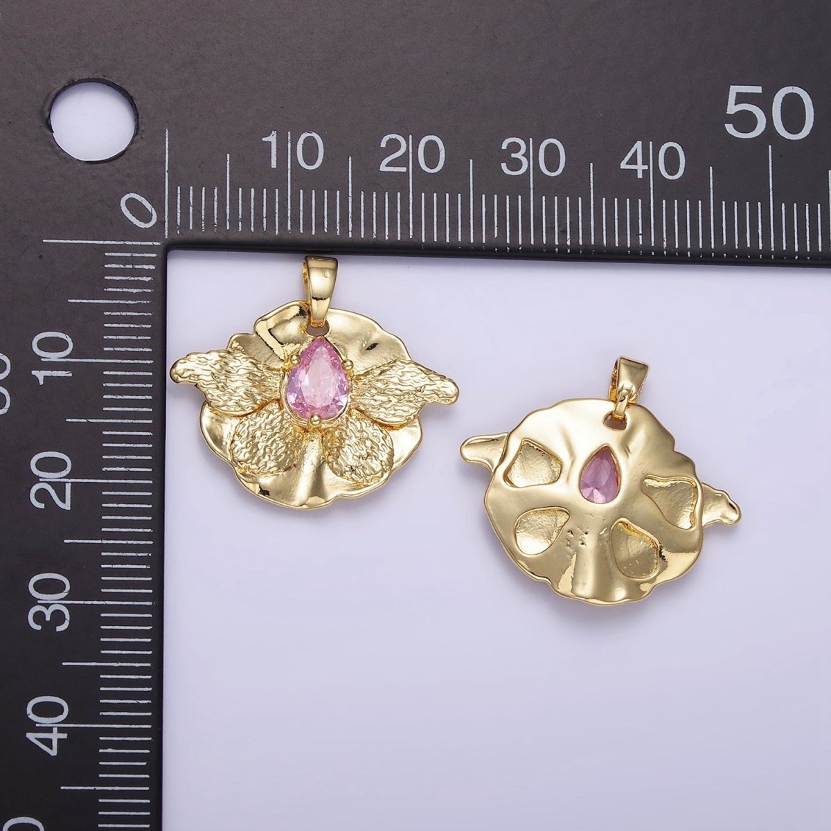 14K Gold Filled Pink CZ Teardrop Butterfly Wings Hammered Pendant | AH144