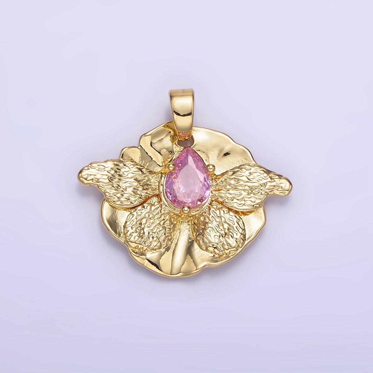 14K Gold Filled Pink CZ Teardrop Butterfly Wings Hammered Pendant | AH144