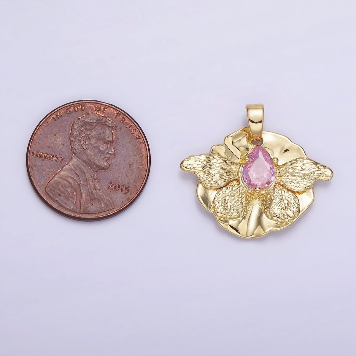 14K Gold Filled Pink CZ Teardrop Butterfly Wings Hammered Pendant | AH144