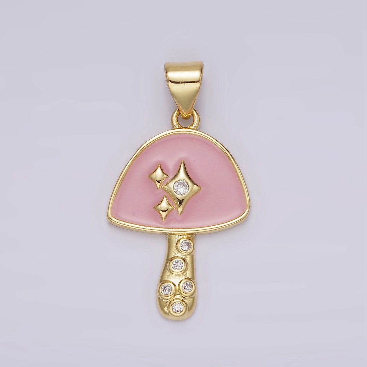 14K Gold Filled Pink Enamel CZ Sparkle Mushroom Pendant | AH076