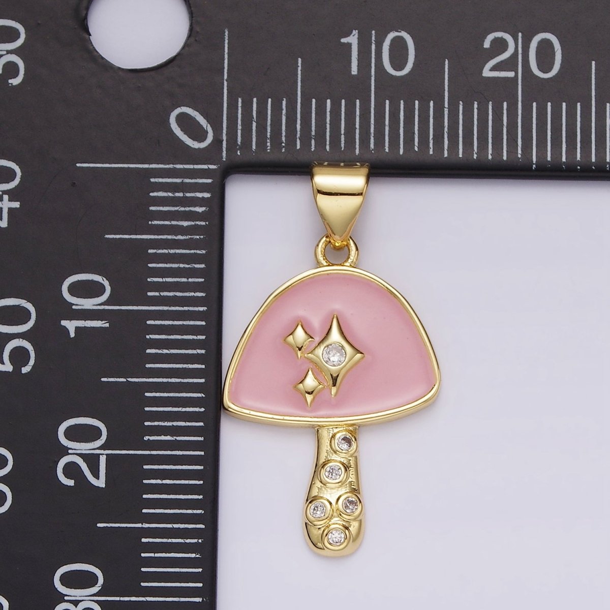 14K Gold Filled Pink Enamel CZ Sparkle Mushroom Pendant | AH076