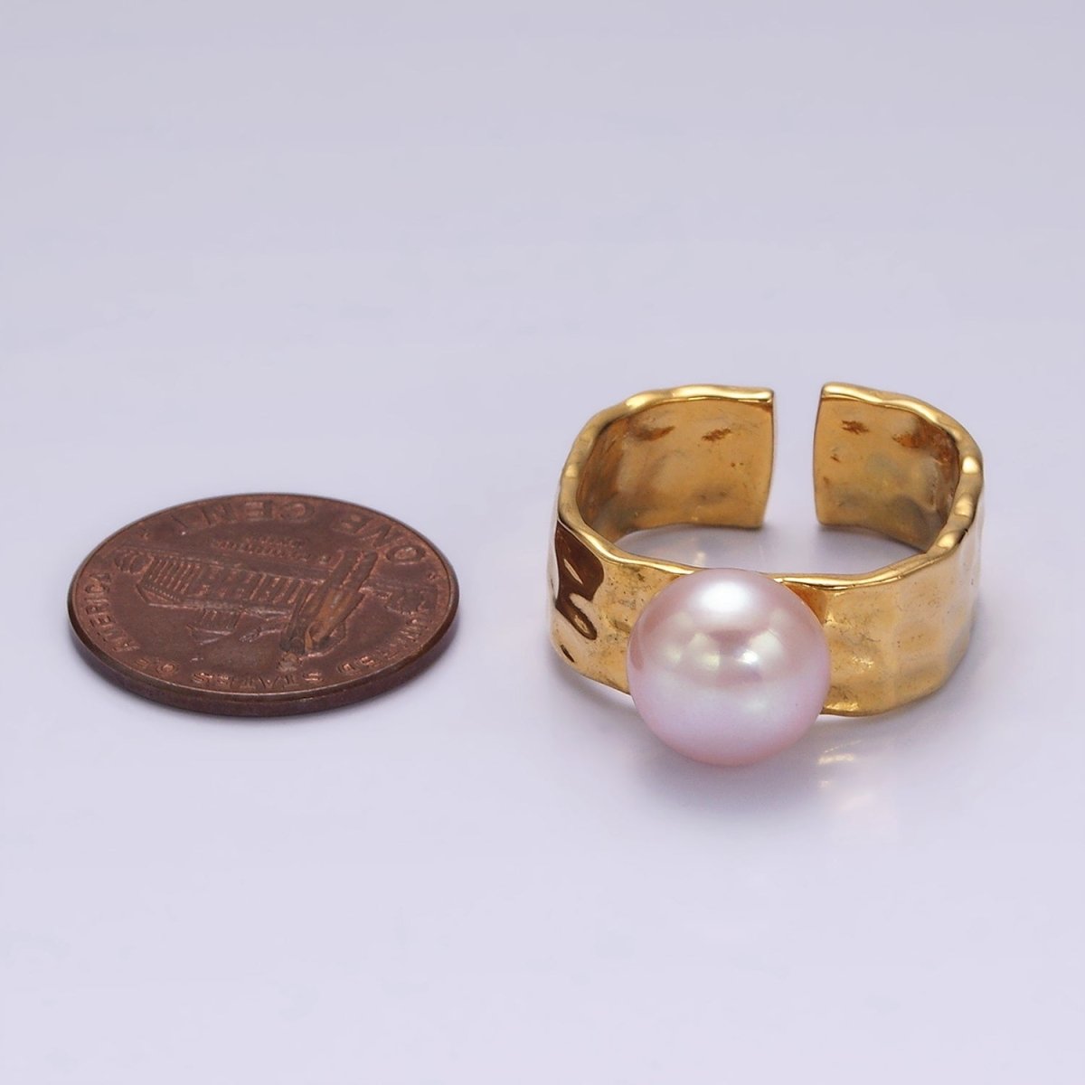 14K Gold Filled Pink Pearl Hammered Wide Band Ring in Gold & Silver | O1098 O1099