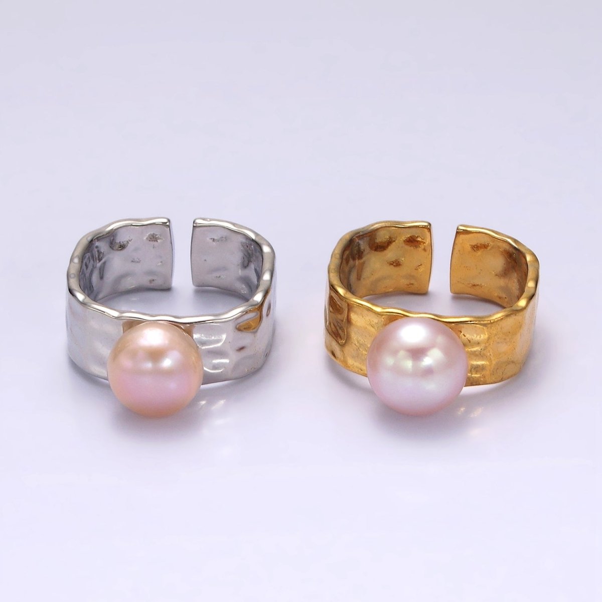 14K Gold Filled Pink Pearl Hammered Wide Band Ring in Gold & Silver | O1098 O1099