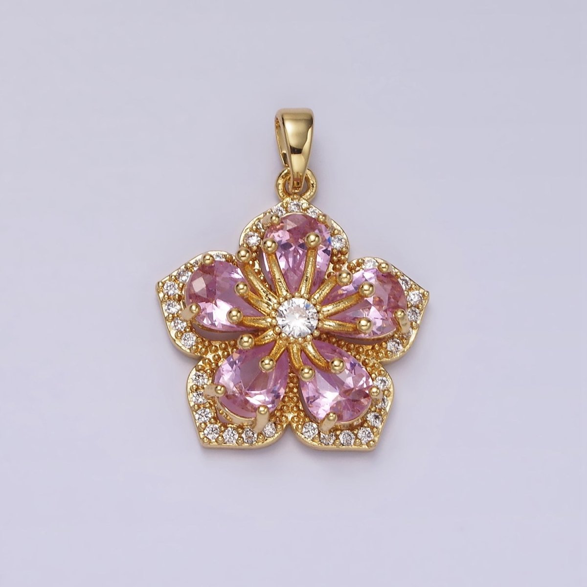 14K Gold Filled Pink Petal Clear Micro Paved CZ Flower Pendant | AH049