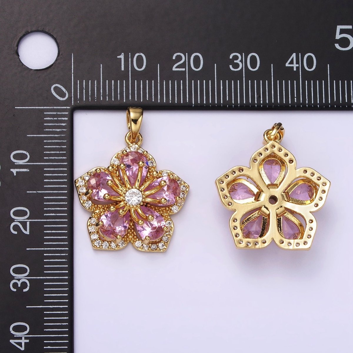 14K Gold Filled Pink Petal Clear Micro Paved CZ Flower Pendant | AH049