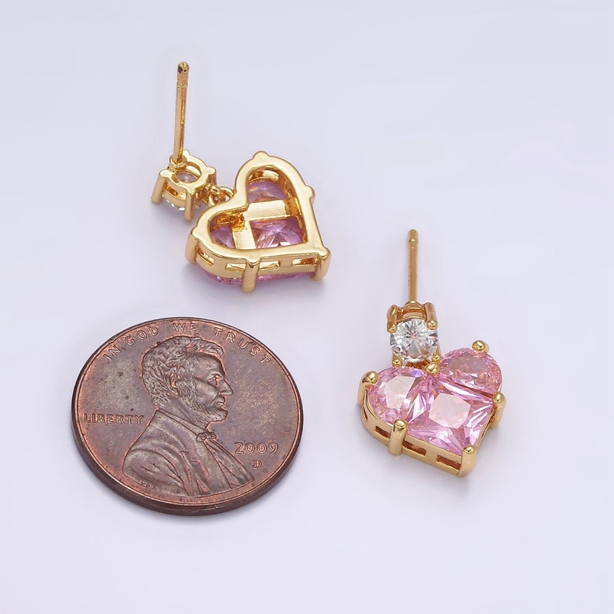 14K Gold Filled Pink Pixelated CZ Heart Drop Stud Earrings | AB485