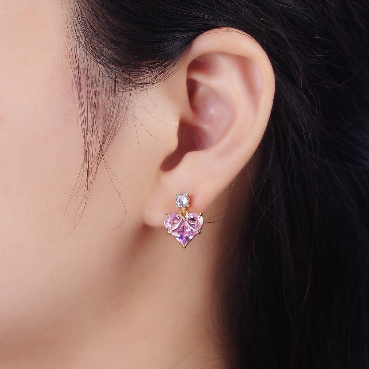 14K Gold Filled Pink Pixelated CZ Heart Drop Stud Earrings | AB485